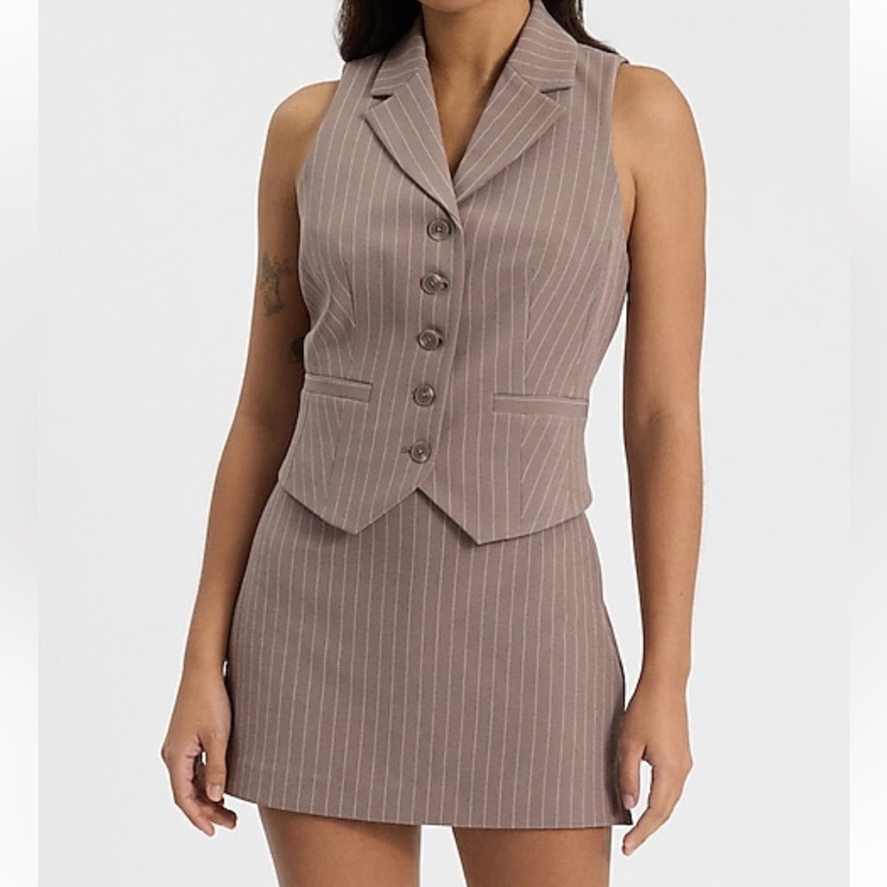 Express Beige Pinstripe Vest and Skirt/Skort Set